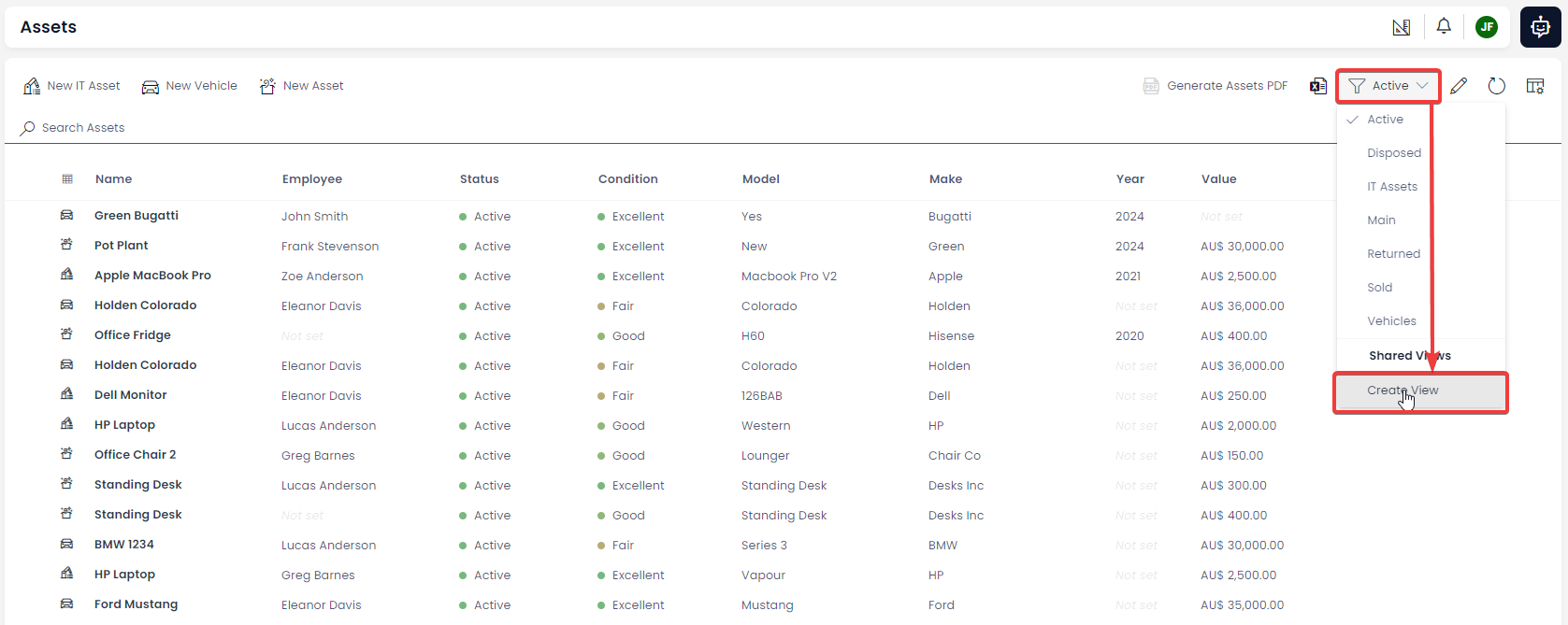 Screenshot demonstrating how to create a new view on the Assets table.